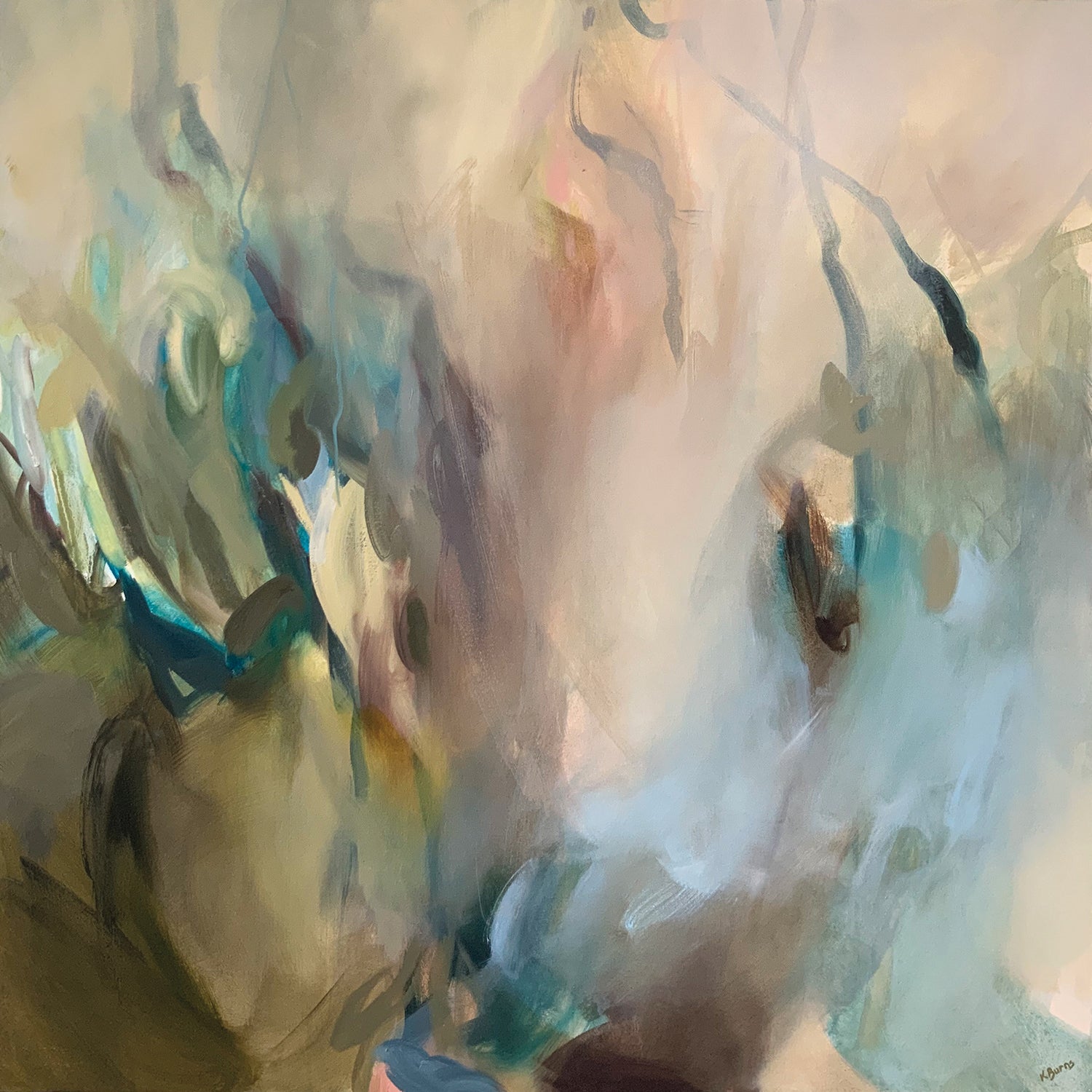 Water Garden 100x100cm oil on canvas by Kate Burns, available at Padstow Gallery, Cornwall