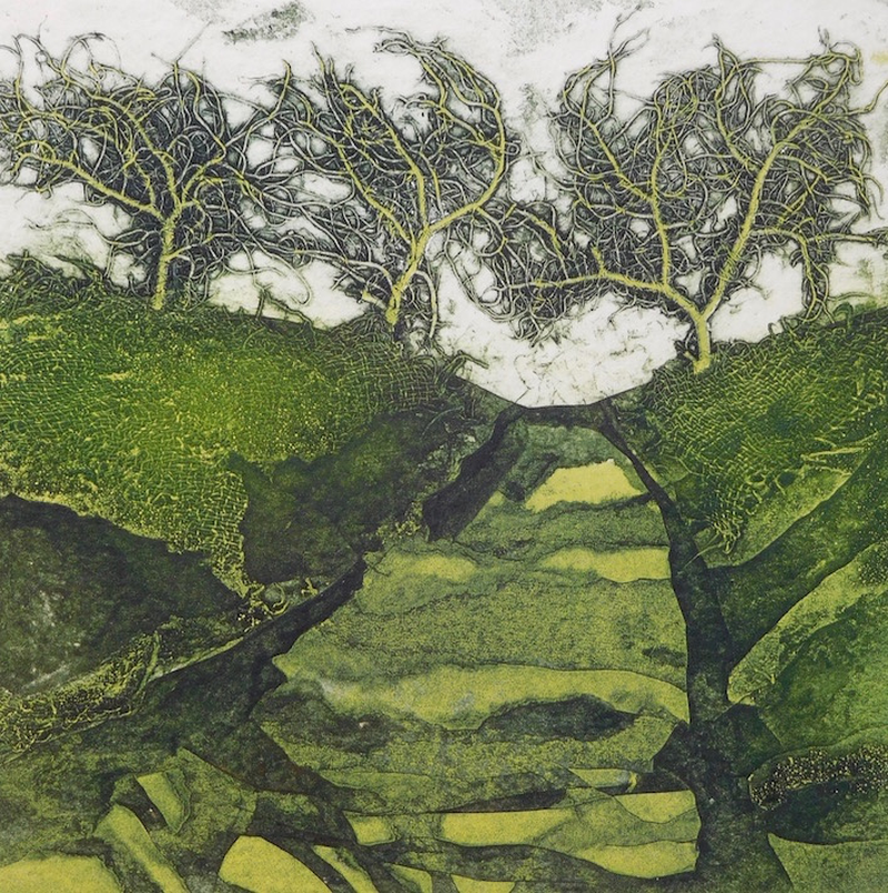 Blowing In The Wind, collagraph, by Sarah Ross-Thompson, available at Padstow Gallery, Cornwall