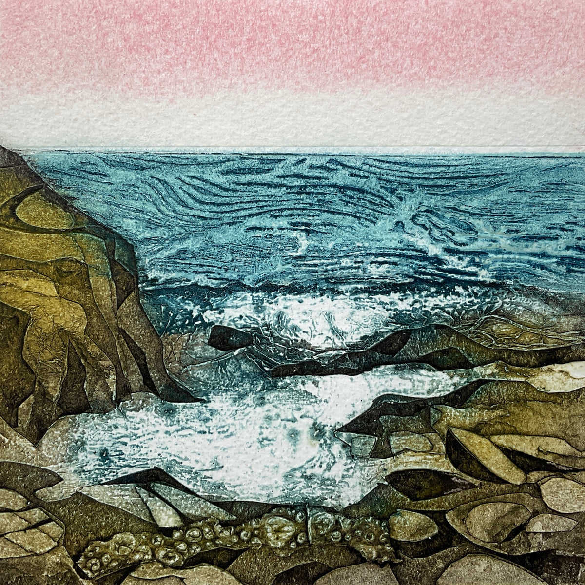 Blushing Tide, limited edition collagraph  by Sarah Ross-Thompson available at Padstow Gallery, Cornwall