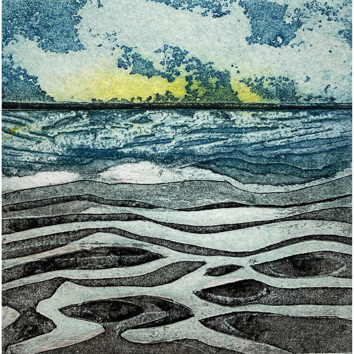 Bobbing Along, limited edition collagraph  by Sarah Ross-Thompson available at Padstow Gallery, Cornwall