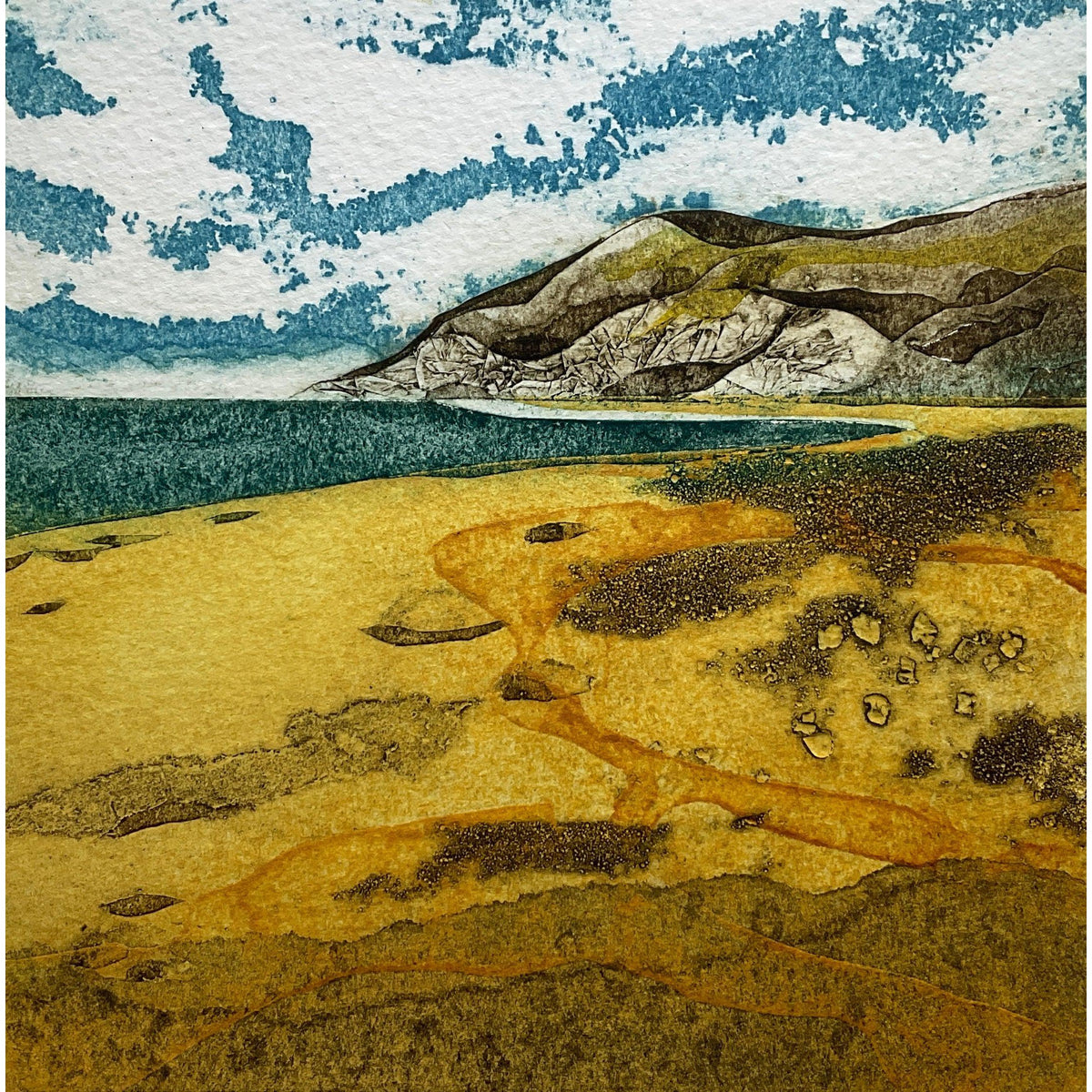 Coastal Calm, limited edition collagraph  by Sarah Ross-Thompson available at Padstow Gallery, Cornwall