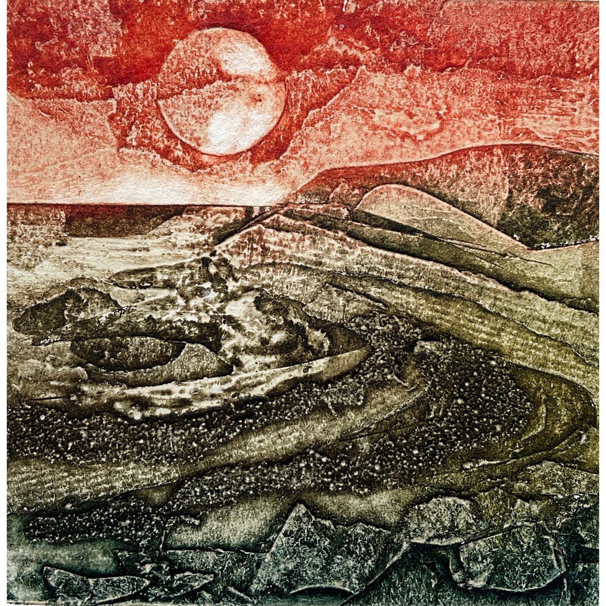Crimson Coast, limited edition collagraph  by Sarah Ross-Thompson available at Padstow Gallery, Cornwall