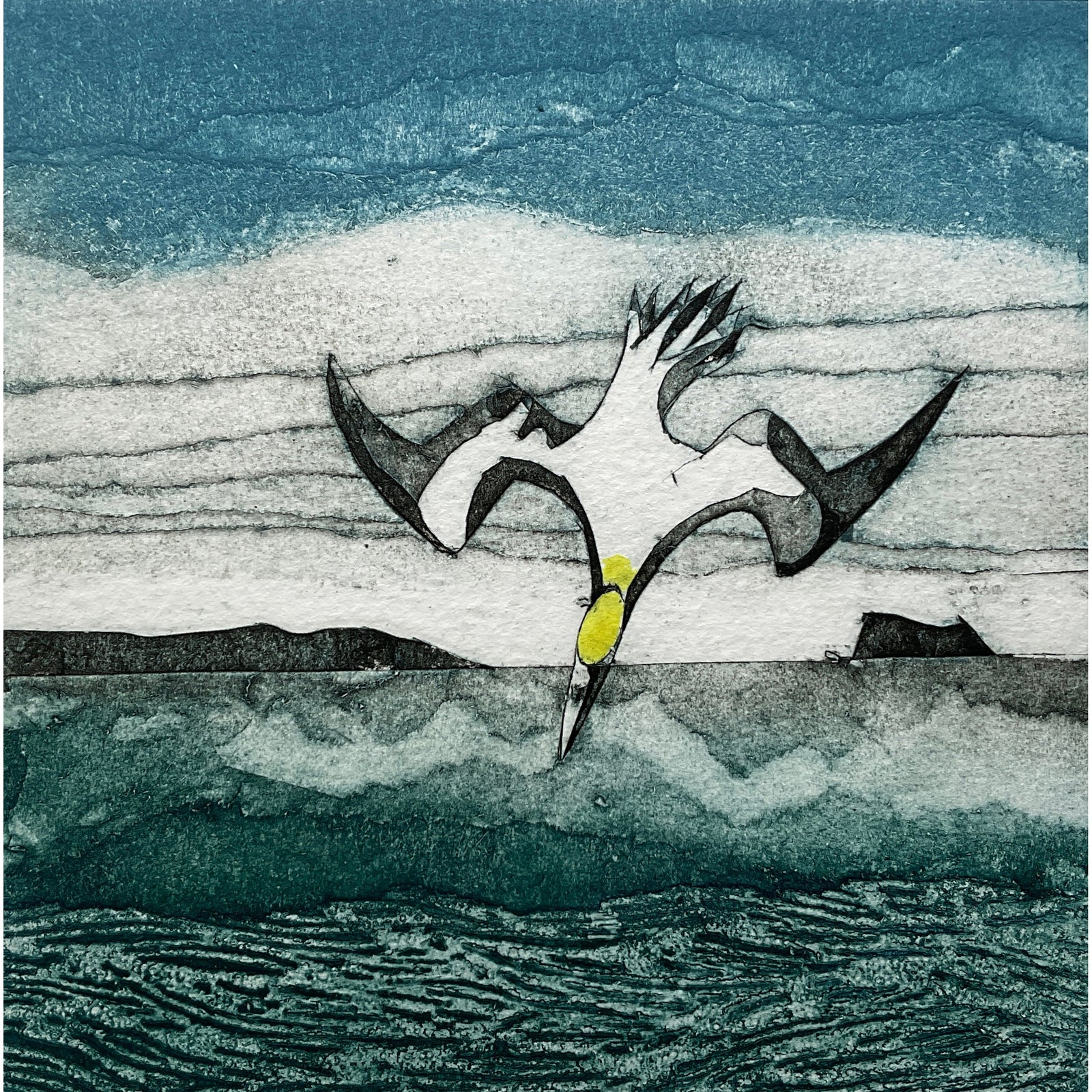 Diving, limited edition collagraph  by Sarah Ross-Thompson available at Padstow Gallery, Cornwall