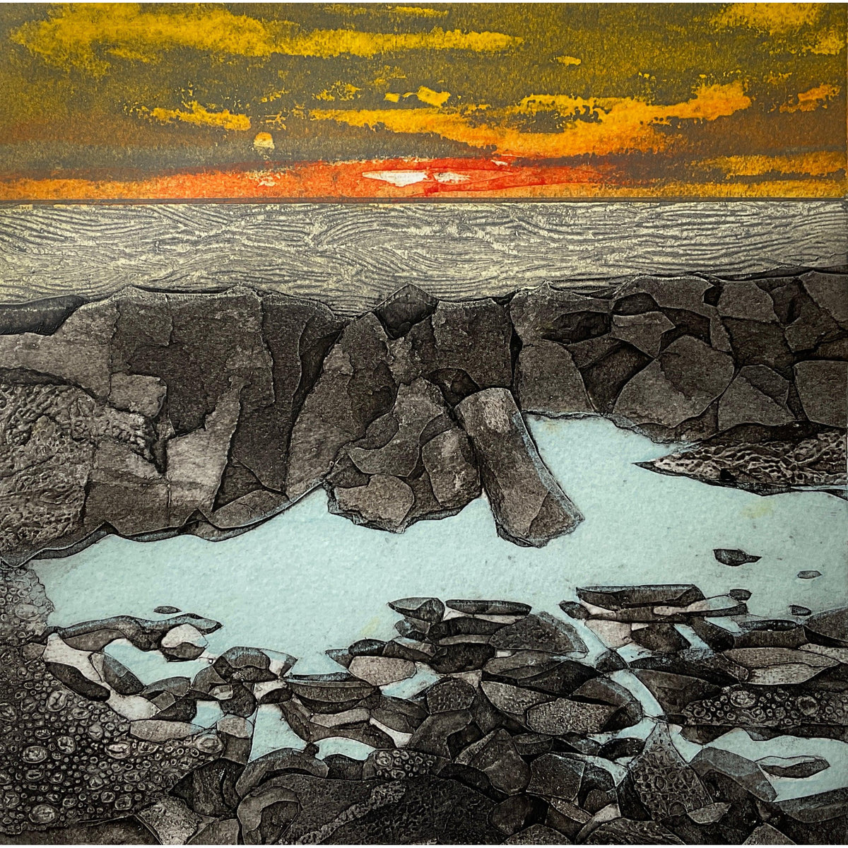 Galloway Sunset, limited edition collagraph  by Sarah Ross-Thompson available at Padstow Gallery, Cornwall