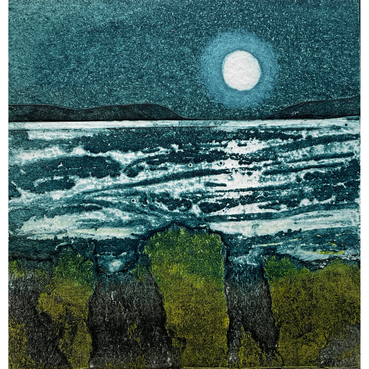Glimmer, limited edition collagraph  by Sarah Ross-Thompson available at Padstow Gallery, Cornwall