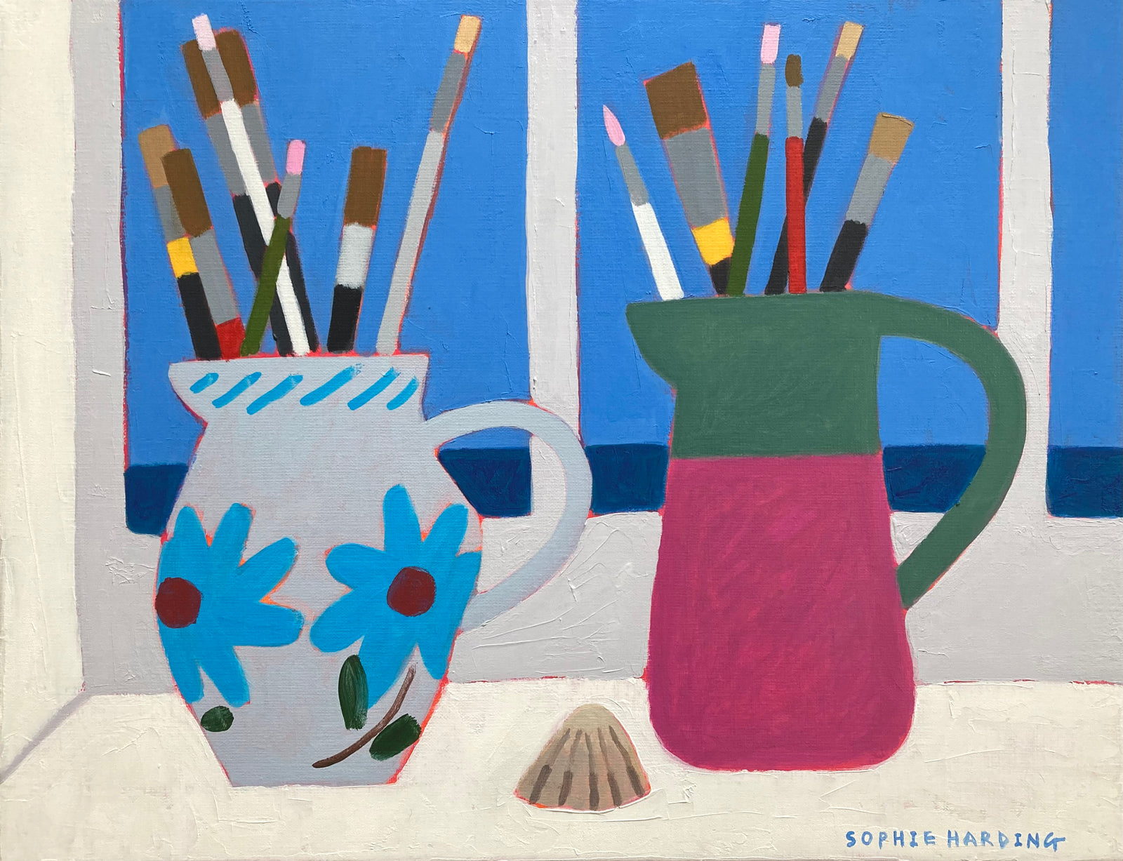 Handmade Jugs In The Studio Window by Sophie Harding available at Padstow Gallery, Cornwall 