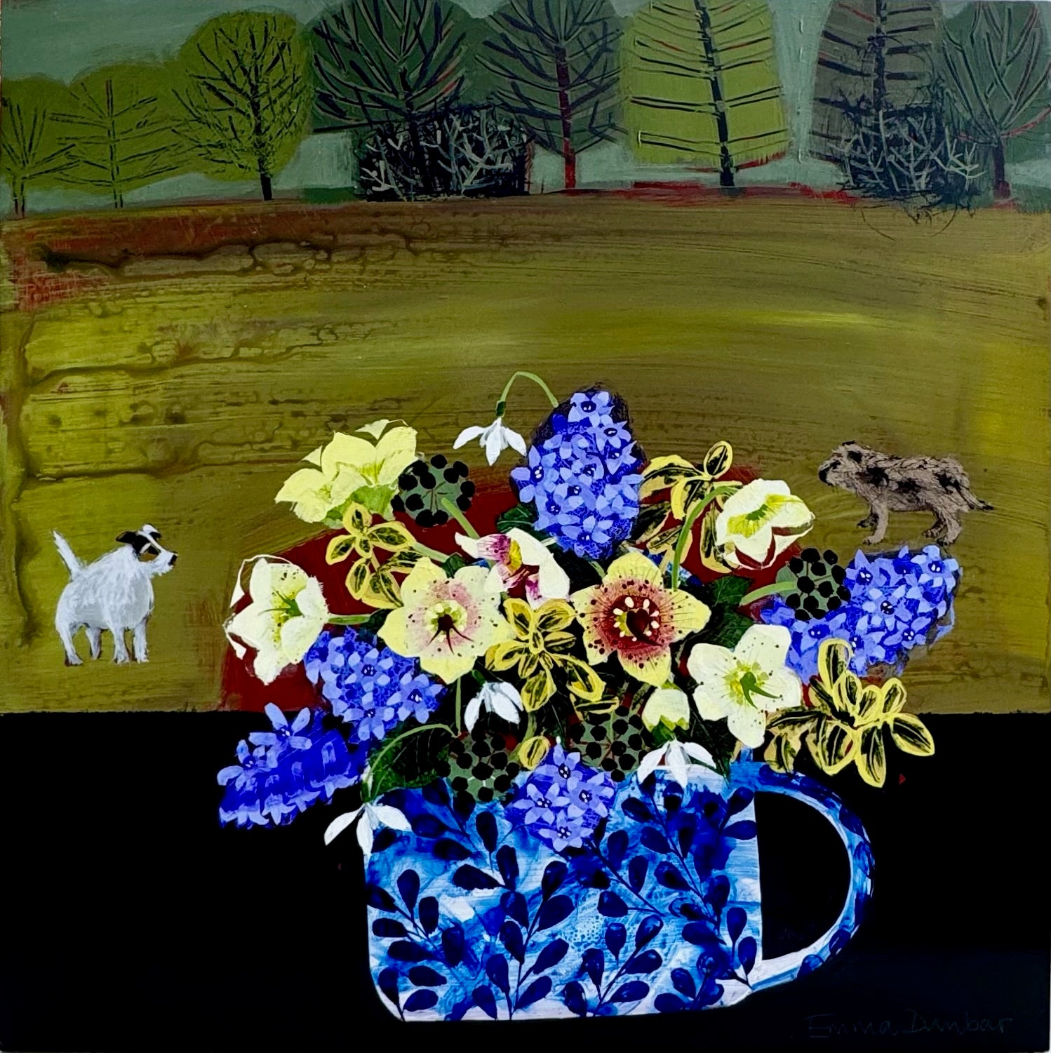 'Two Friends behind hellebores and hyacinths' by Emma Dunbar available at Padstow Gallery, Cornwall