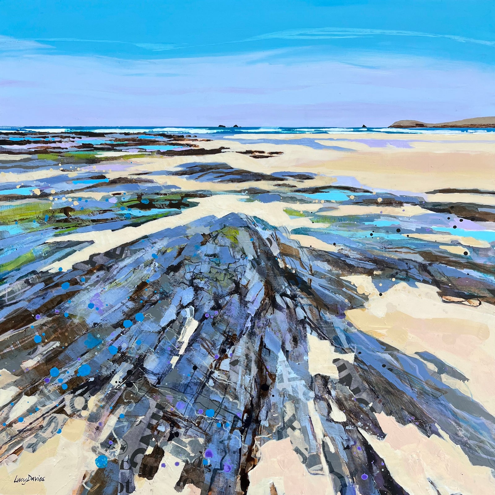 'Low Tide, Constantine' acrylic and collage original by Lucy Davies, available at Padstow Gallery, Cornwall