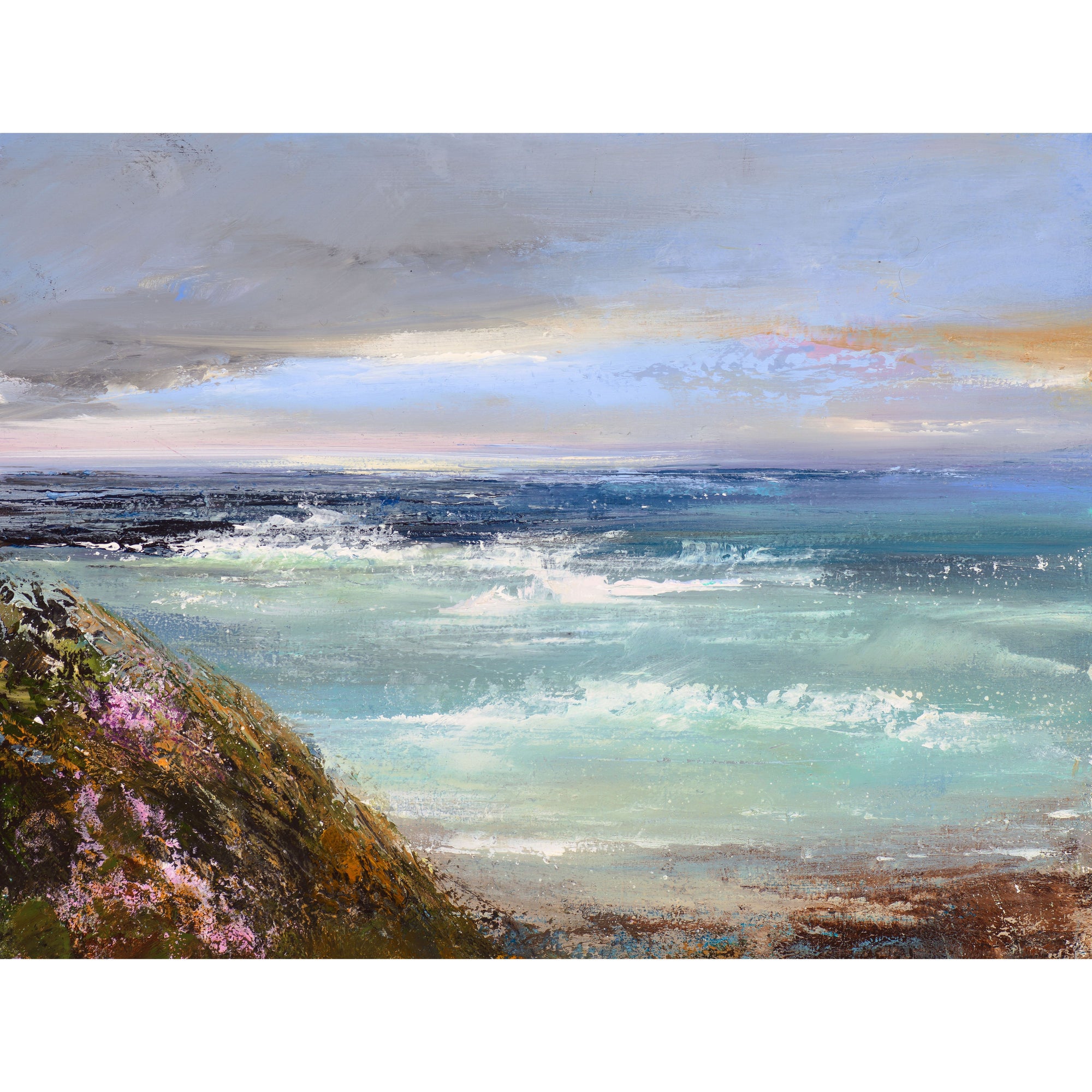 'Watching The Waves Roll In, North Cornwall' oil on canvas original by Amanda Hoskin, available at Padstow Gallery, Cornwall