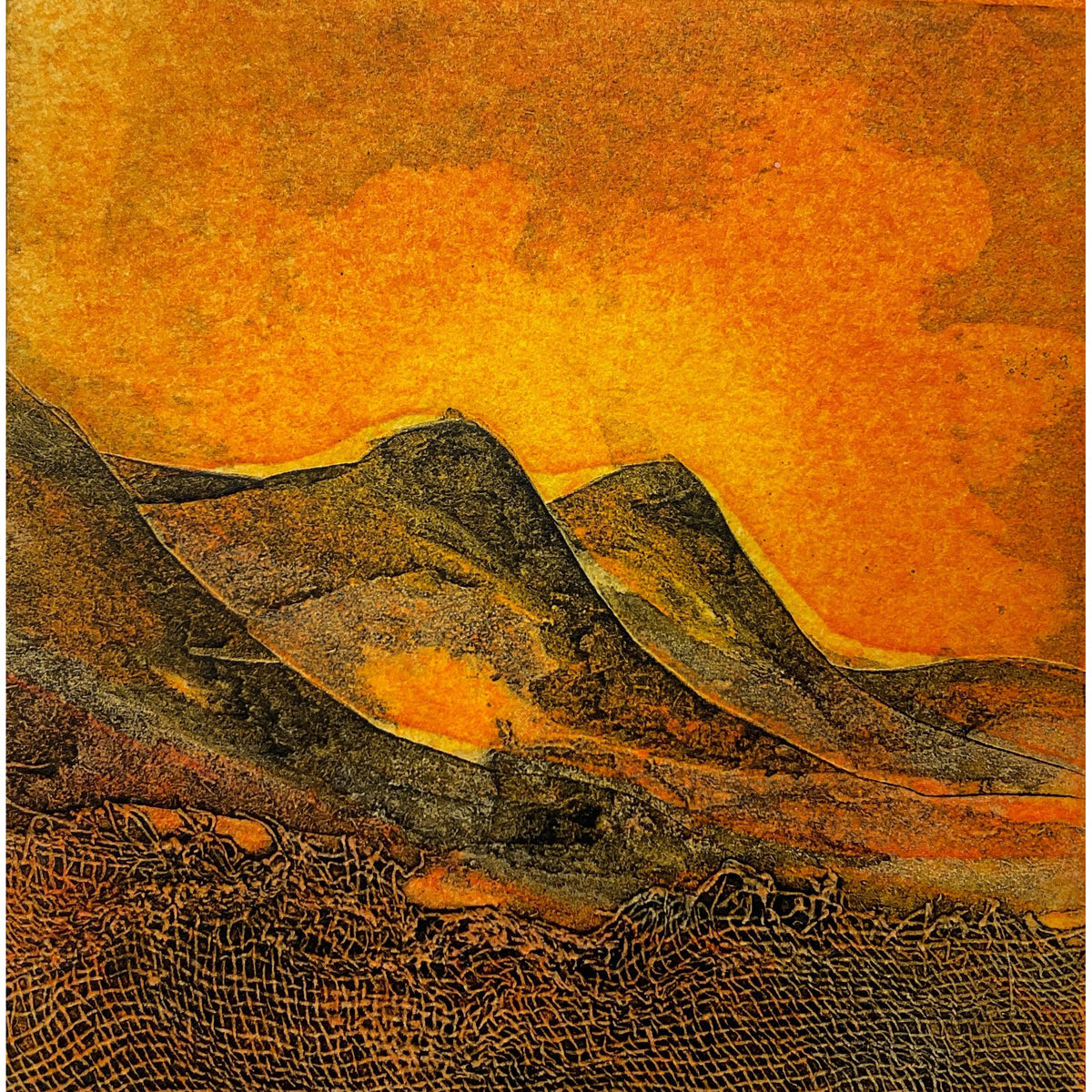 In Glen Coe, limited edition collagraph  by Sarah Ross-Thompson available at Padstow Gallery, Cornwall