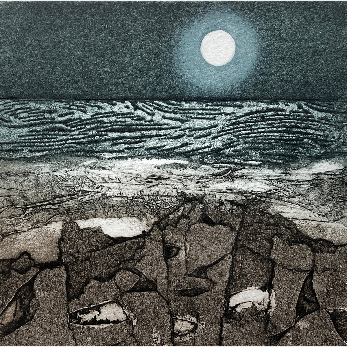 In The Black, limited edition collagraph  by Sarah Ross-Thompson available at Padstow Gallery, Cornwall