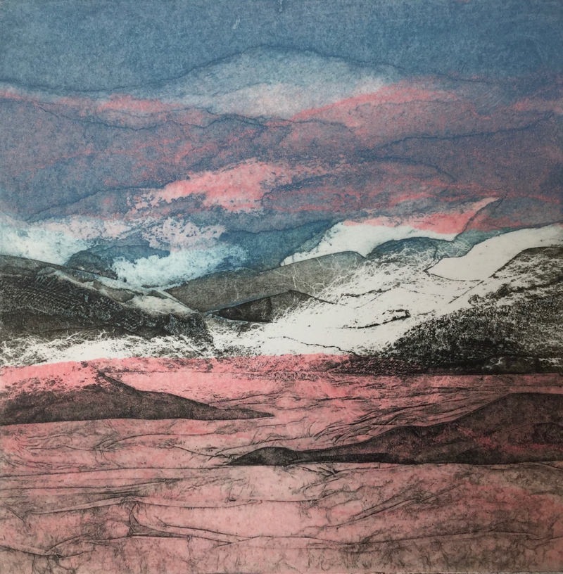 La Vie En Rose, collagraph by Sarah Ross-Thompson, available at Padstow Gallery, Cornwall