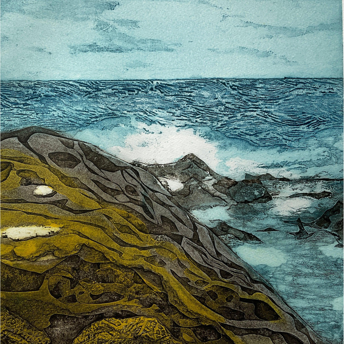 Making A Splash, limited edition collagraph  by Sarah Ross-Thompson available at Padstow Gallery, Cornwall