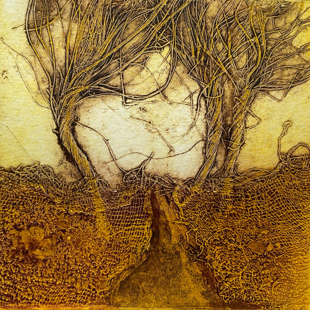 Old Friends , limited edition collagraph  by Sarah Ross-Thompson available at Padstow Gallery, Cornwall