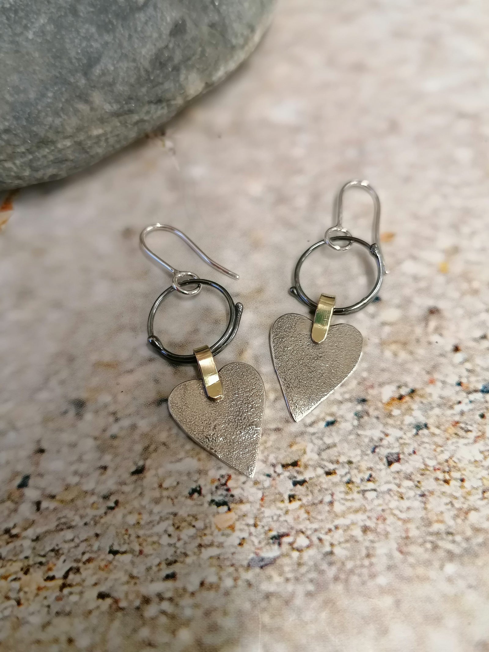 "SA EA95 Silver Heart Drop Earrings, Oxidised Hoop and Gold Link' by Sandra Austin jewellery, available at Padstow Gallery, Cornwall