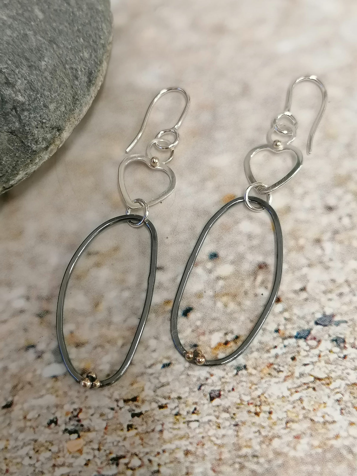 &#39;&#39;SA EA96 Silver heart drop earrings, large oxidised hoops and gold granules&#39; by Sandra Austin jewellery, available at Padstow Gallery, Cornwall