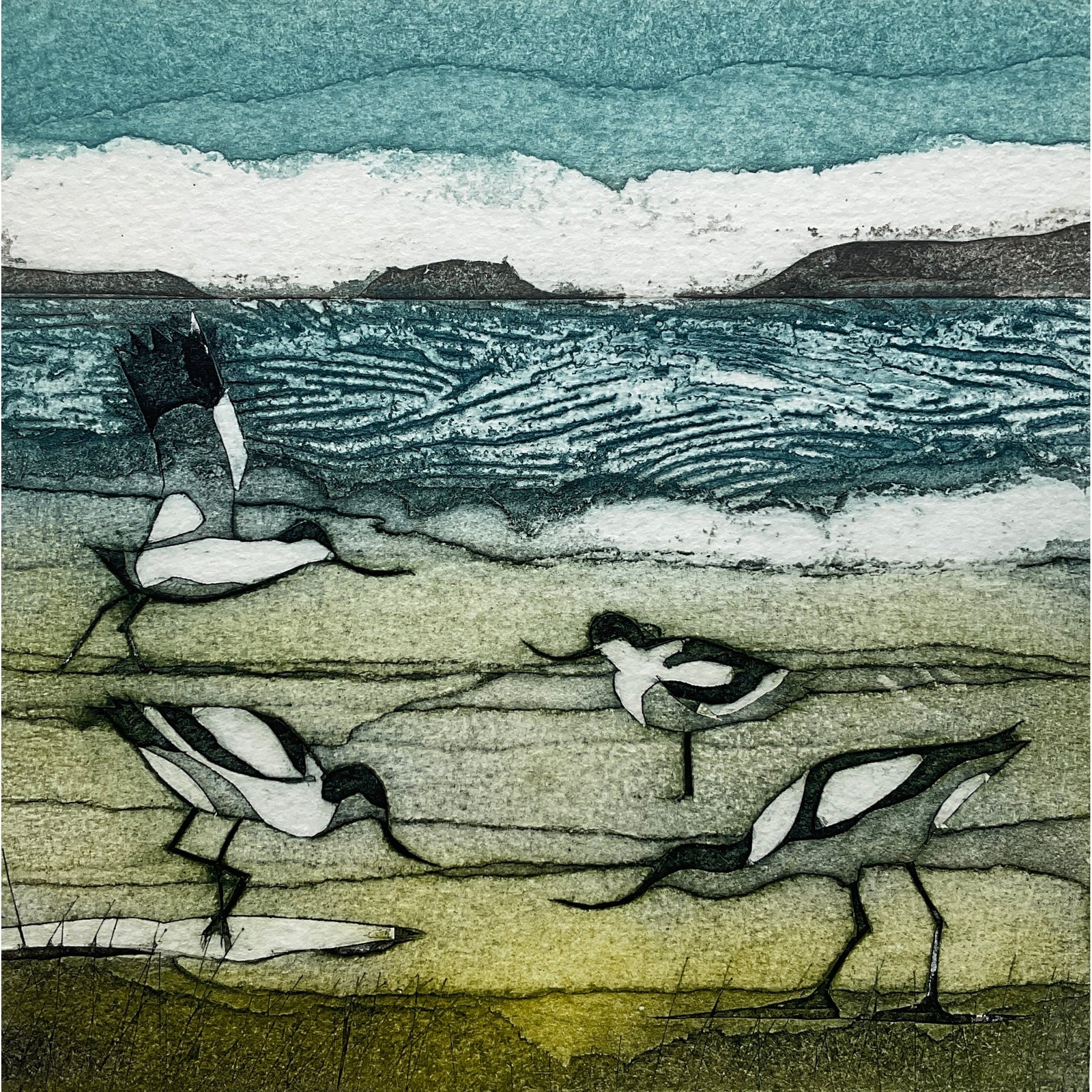 Social Etiquette, limited edition collagraph  by Sarah Ross-Thompson available at Padstow Gallery, Cornwall