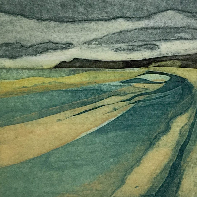 The Long Way Round, collagraph, by Sarah Ross-Thompson, available at Padstow Gallery, Cornwall