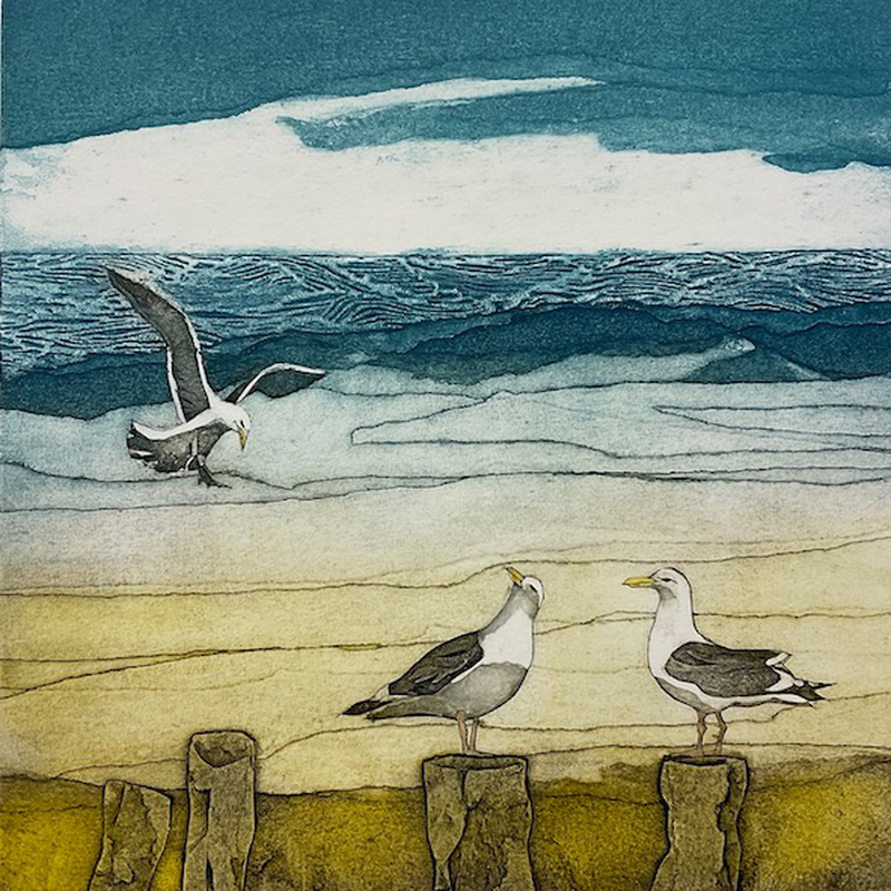 Two's Company, Three's A Crowd, collagraph by Sarah Ross-Thompson, available at Padstow Gallery, Cornwall