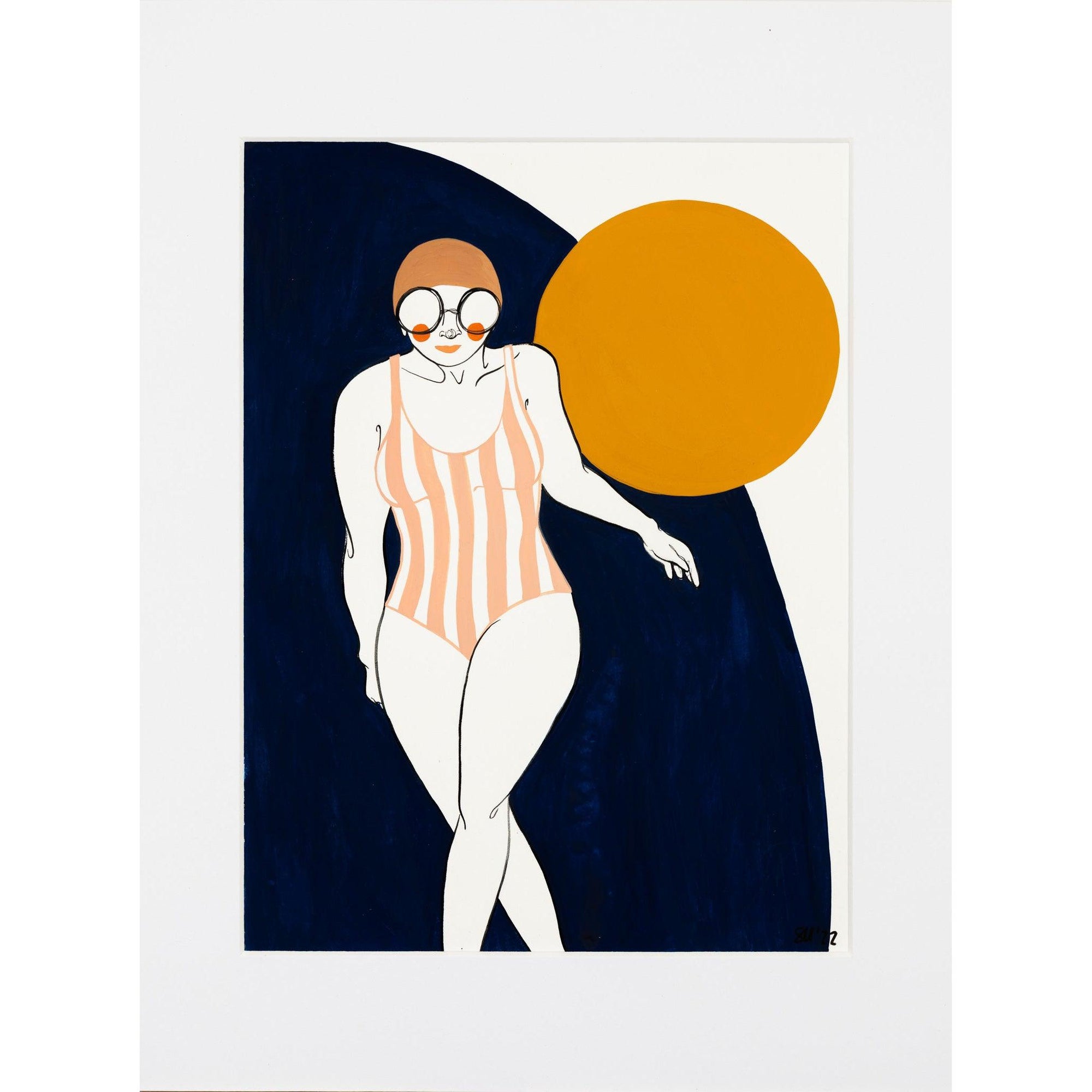 'Sunset Swimmer No6' original gouache by Sophie Moore, available at Padstow Gallery, Cornwall