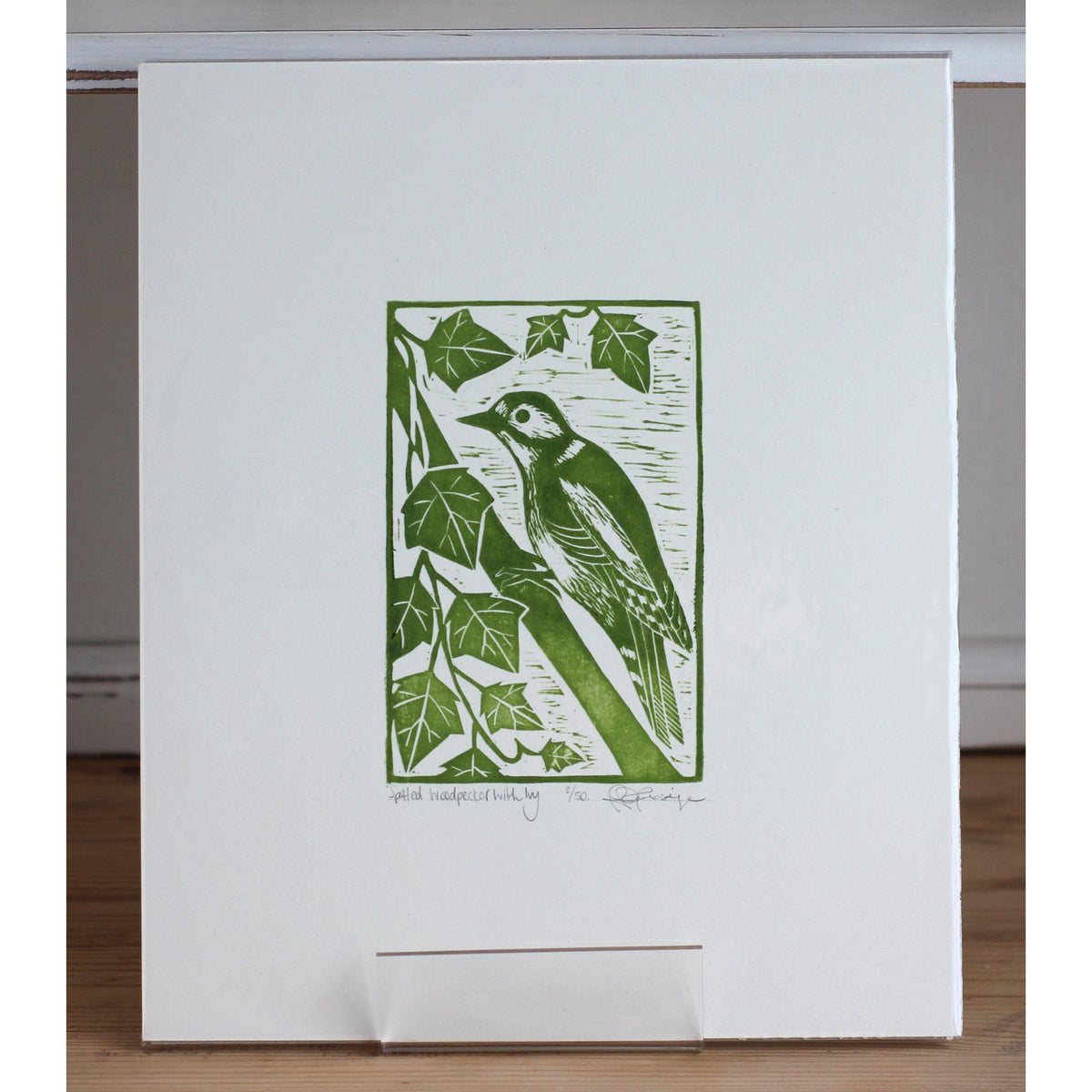 &#39;Spotted woodpecker with Ivy&#39; by printmaker, Rhys Partridge, available at Padstow Gallery, Cornwall