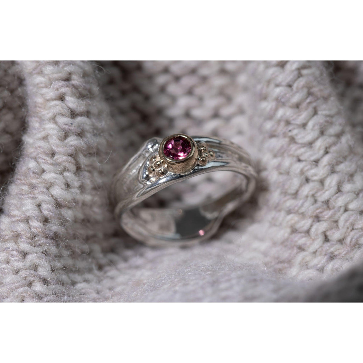 'LG58 - Silver Ring with 9ct Gold 4mm Rhodalite ' by Les Grimshaw, available at Padstow Gallery, Cornwall
