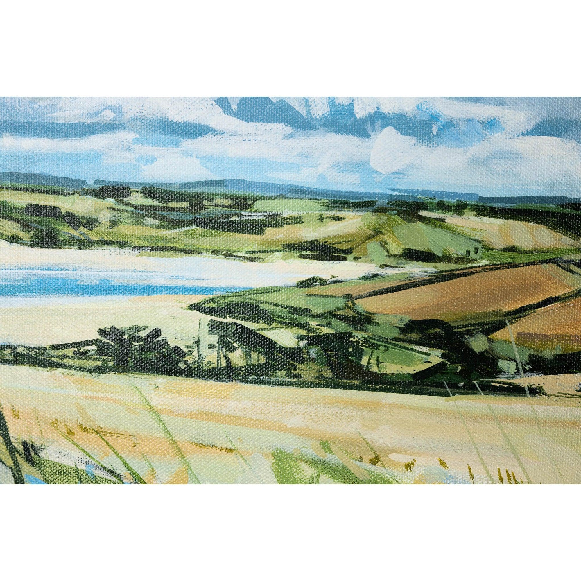 ’Summer Fields By The Estuary’ acrylic and oil on canvas by Imogen Bone. Available at Padstow Gallery, Cornwall