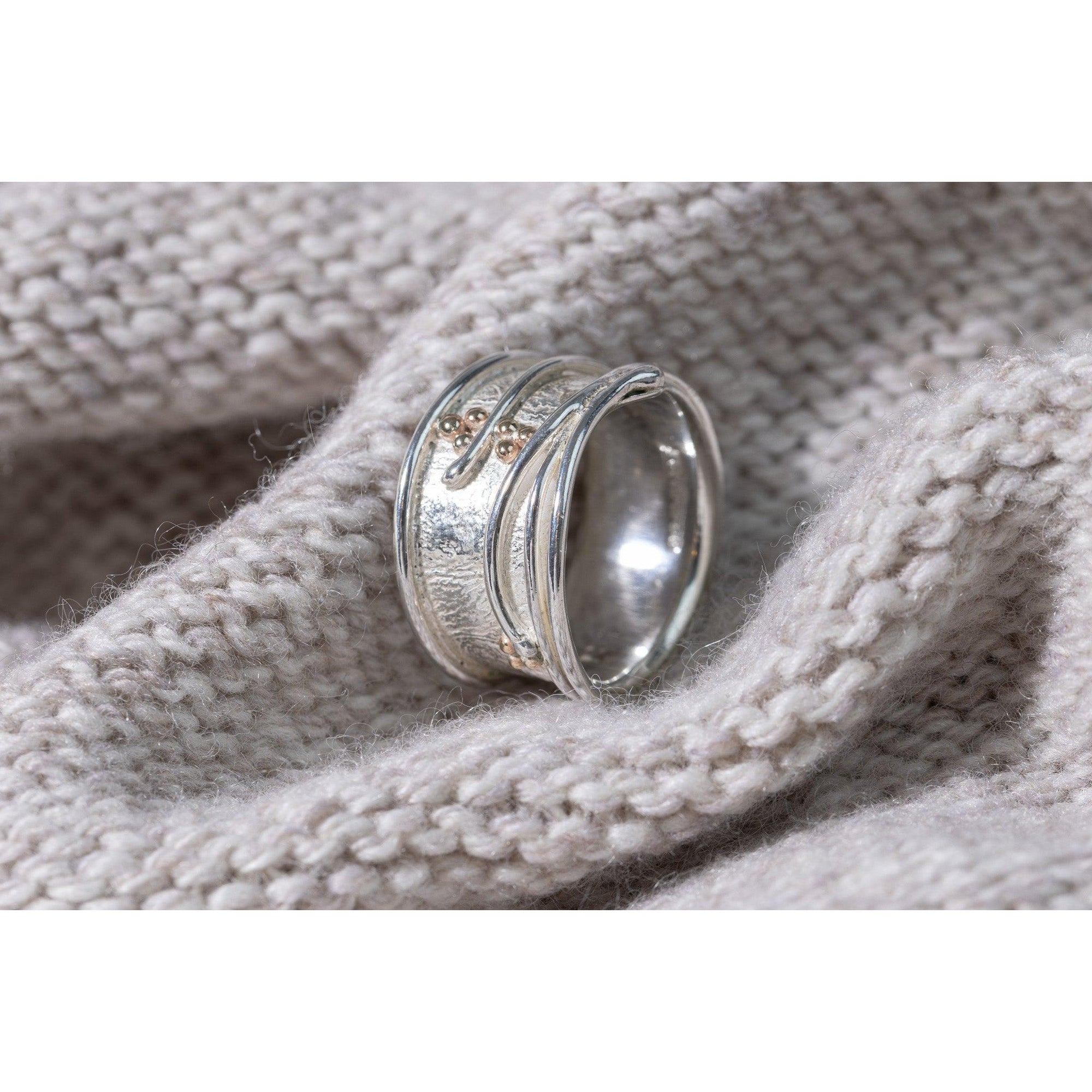 'LG53 - Wide Silver Ring with Gold Beads' by Les Grimshaw, available at Padstow Gallery, Cornwall