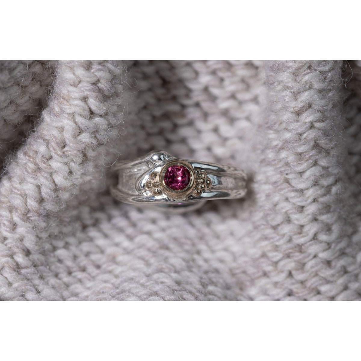 'LG58 - Silver Ring with 9ct Gold 4mm Rhodalite ' by Les Grimshaw, available at Padstow Gallery, Cornwall