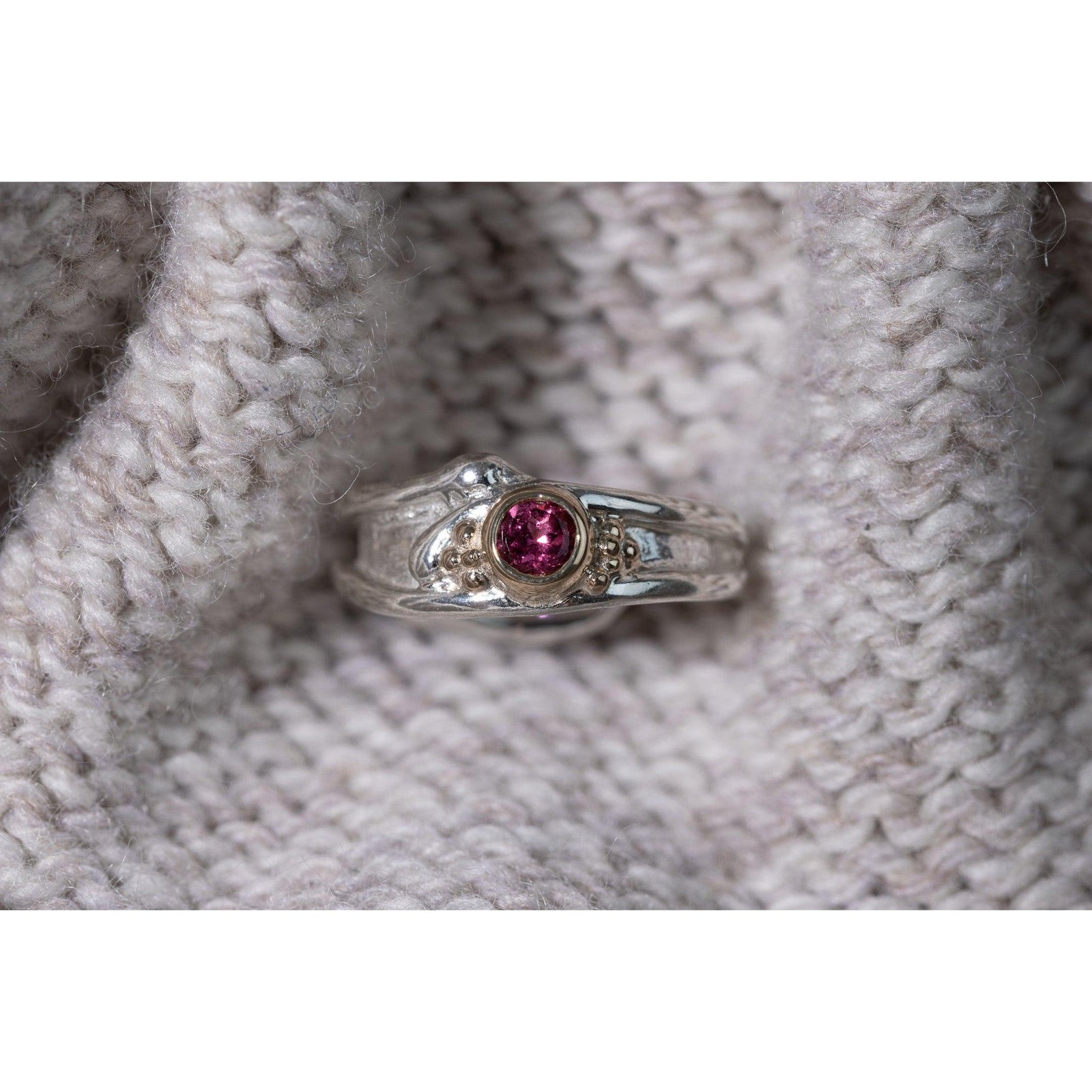 'LG58 - Silver Ring with 9ct Gold 4mm Rhodalite ' by Les Grimshaw, available at Padstow Gallery, Cornwall