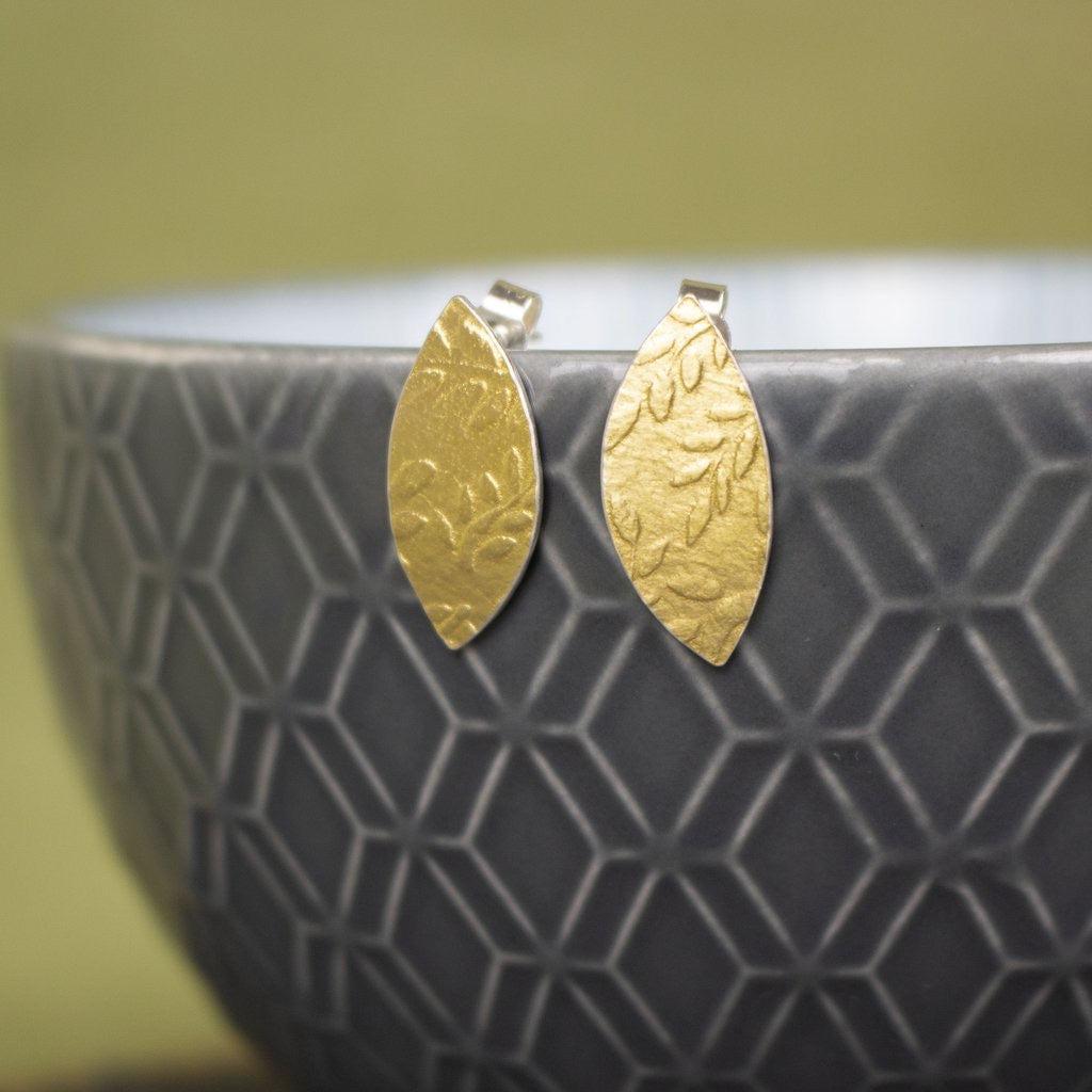 JT225 Golden Watercolour Leaf Stud Earrings by Jo Tinley, at Padstow Gallery, Cornwall