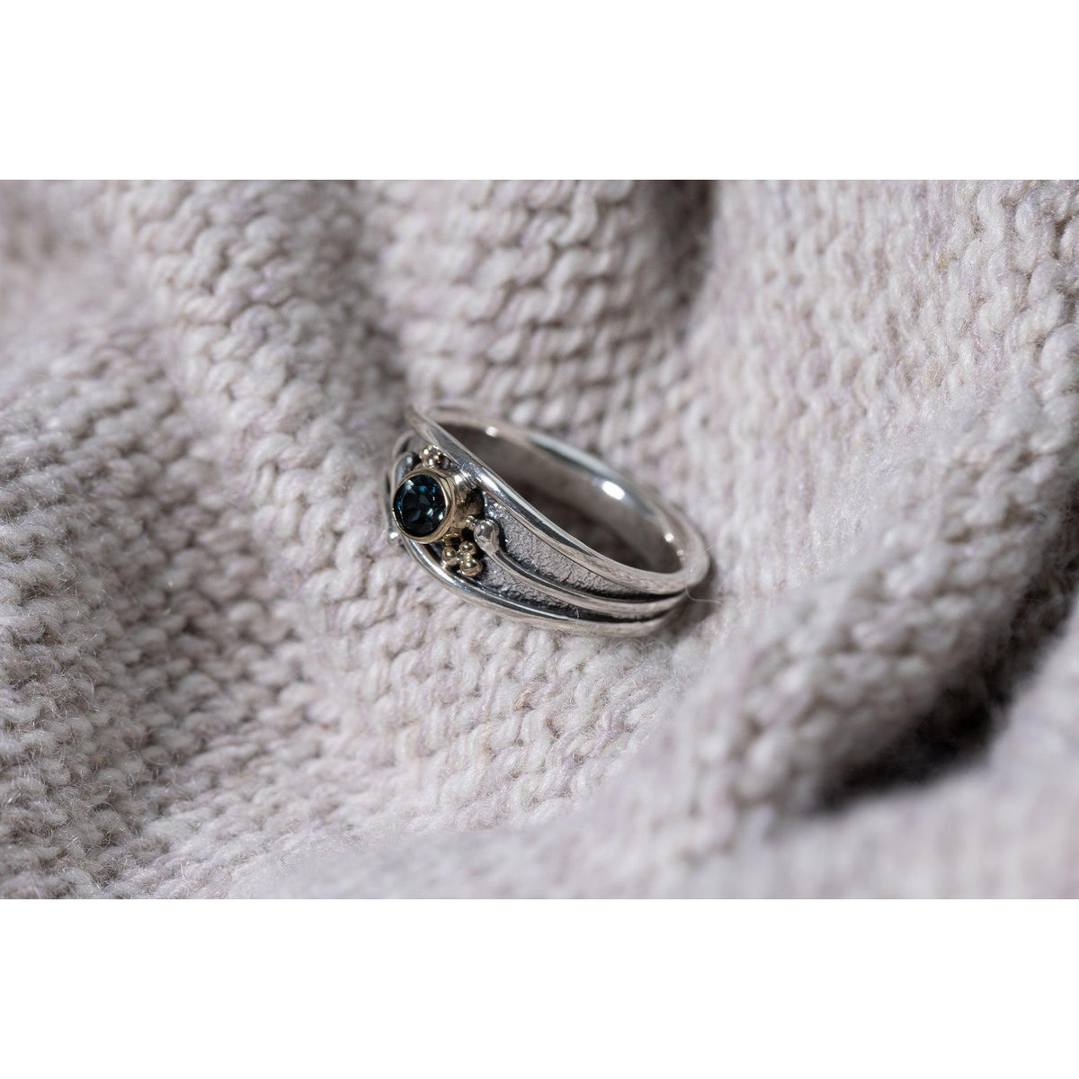 &#39;LG65 - Silver Ring with 9ct Gold 4mm London Blue Topaz Ring &#39; by Les Grimshaw, available at Padstow Gallery, Cornwall
