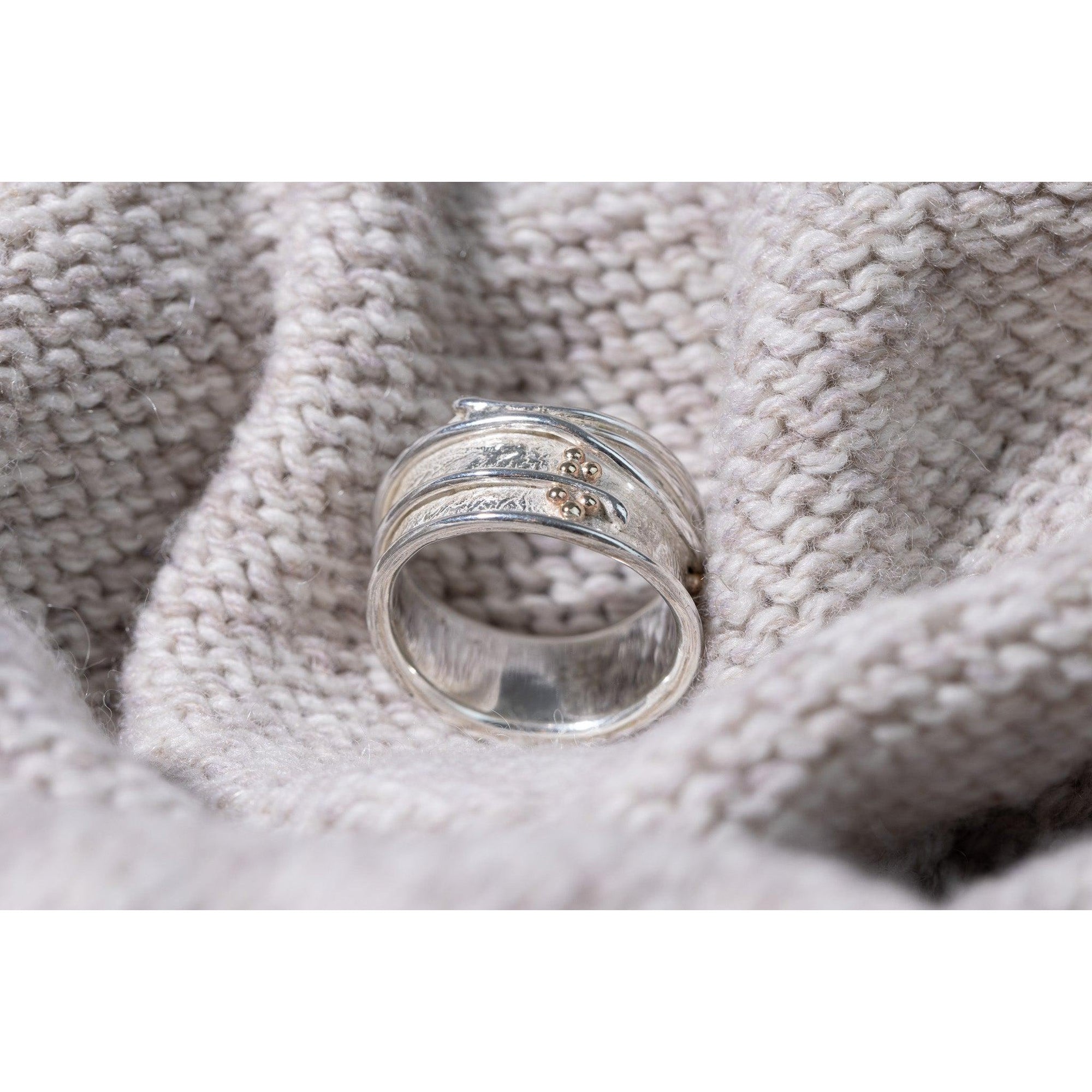 'LG53 - Wide Silver Ring with Gold Beads' by Les Grimshaw, available at Padstow Gallery, Cornwall